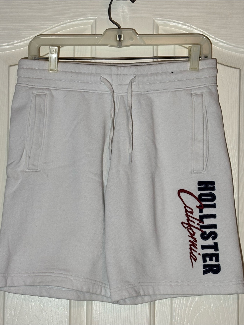 Hollister White Men’s Logo Fleece Athletic Shorts with Red Script